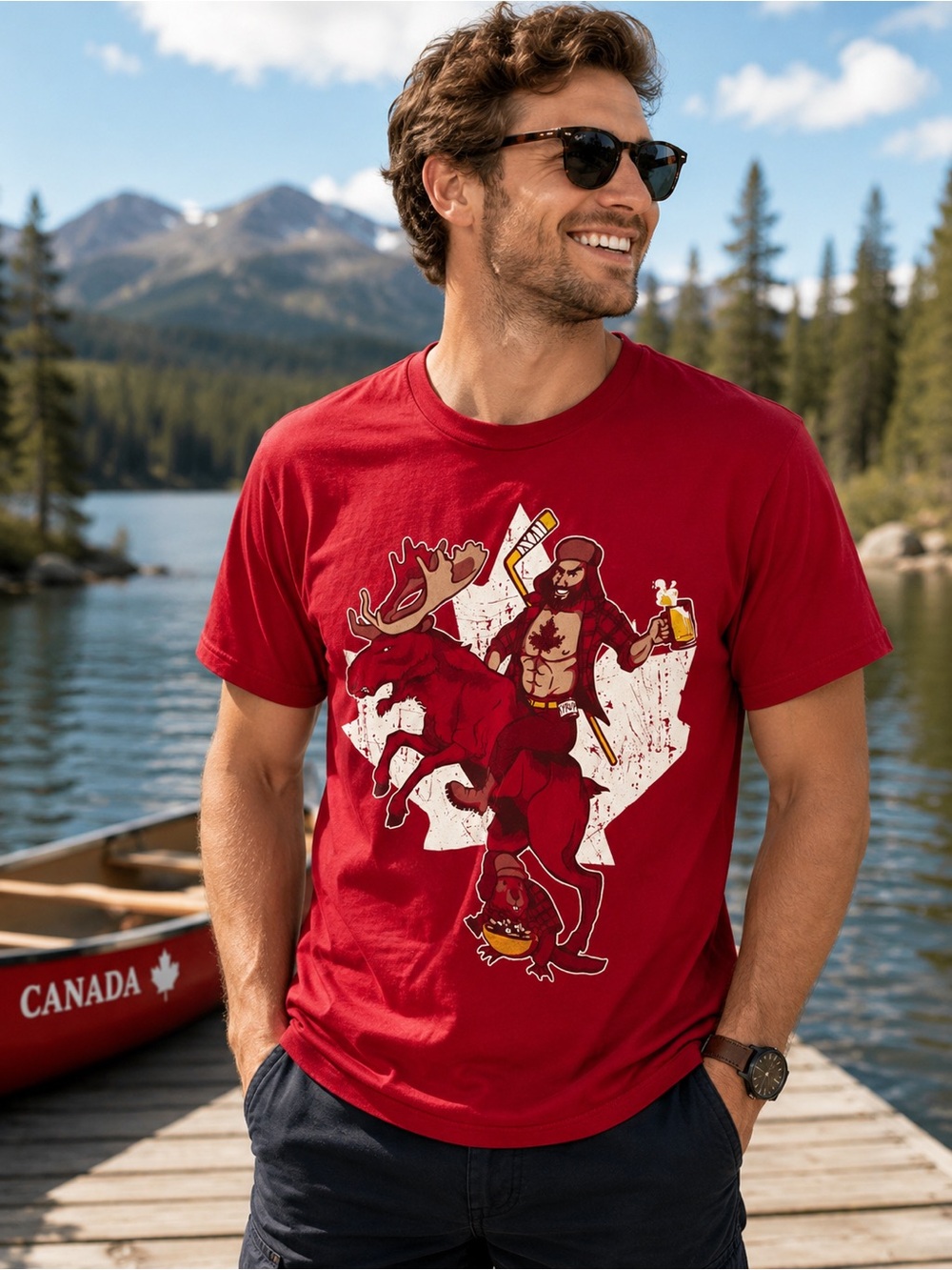 Canada Moose Lumberjack Funny Graphic Tee Beer Maple Syrup XL Adult T Shirt